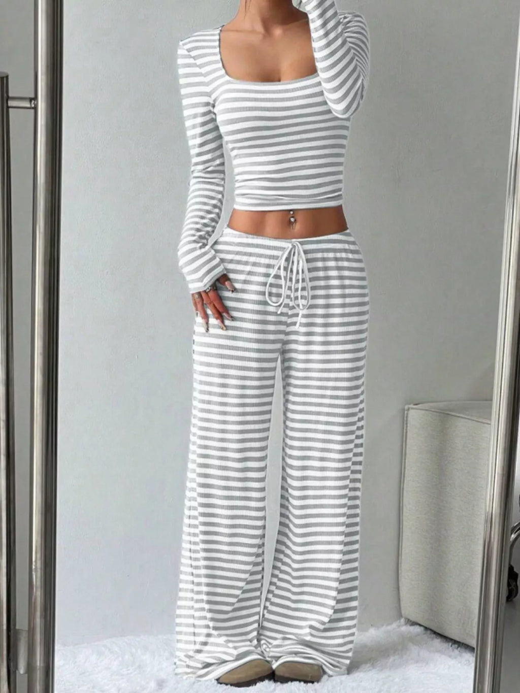 Striped Long Sleeve Crop Top & Wide Leg Pants Set