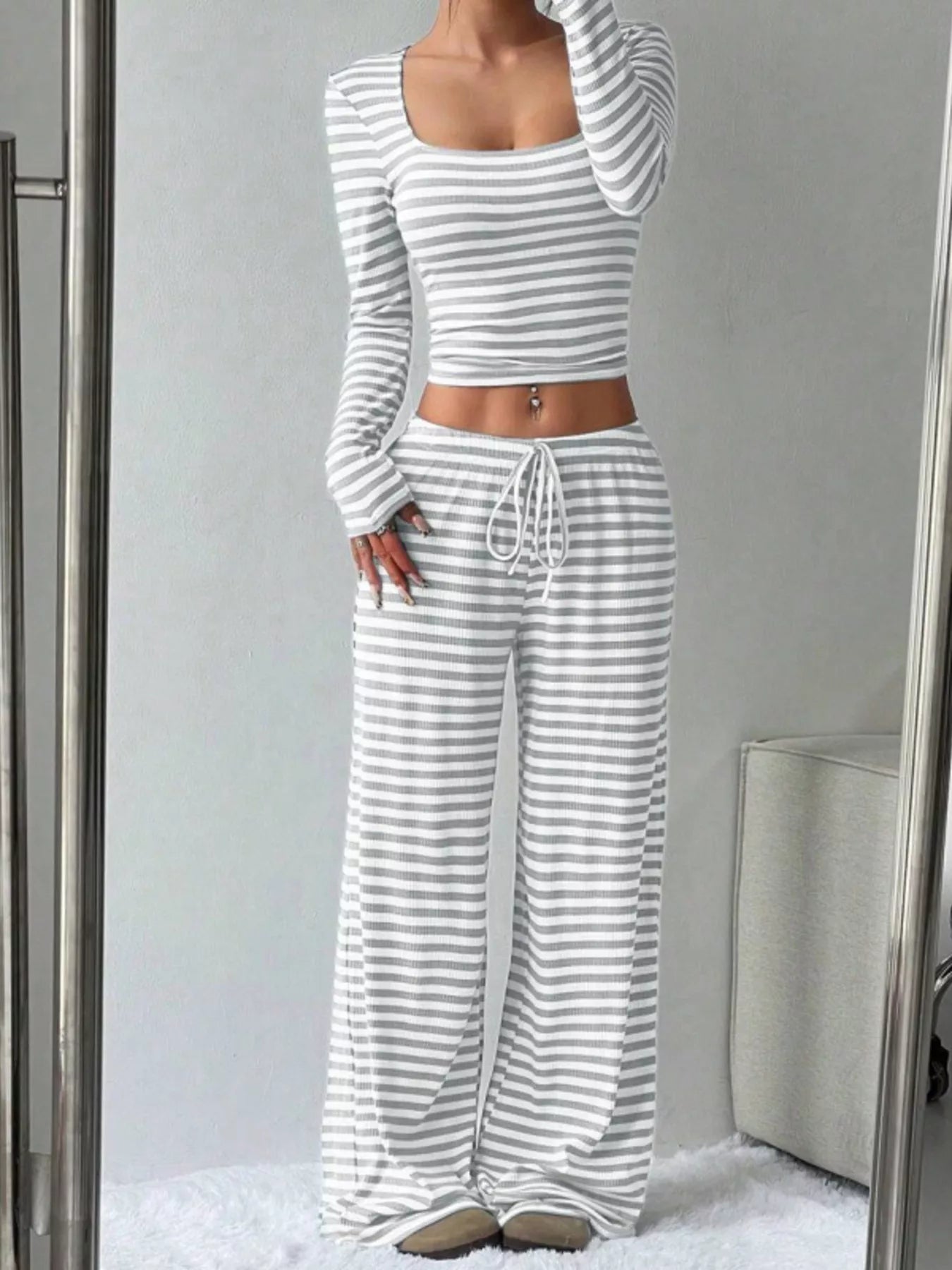 Striped Long Sleeve Crop Top & Wide Leg Pants Set
