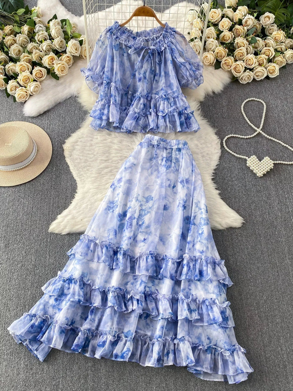 Floral Print Ruffle Hem Blouse and Skirt Set