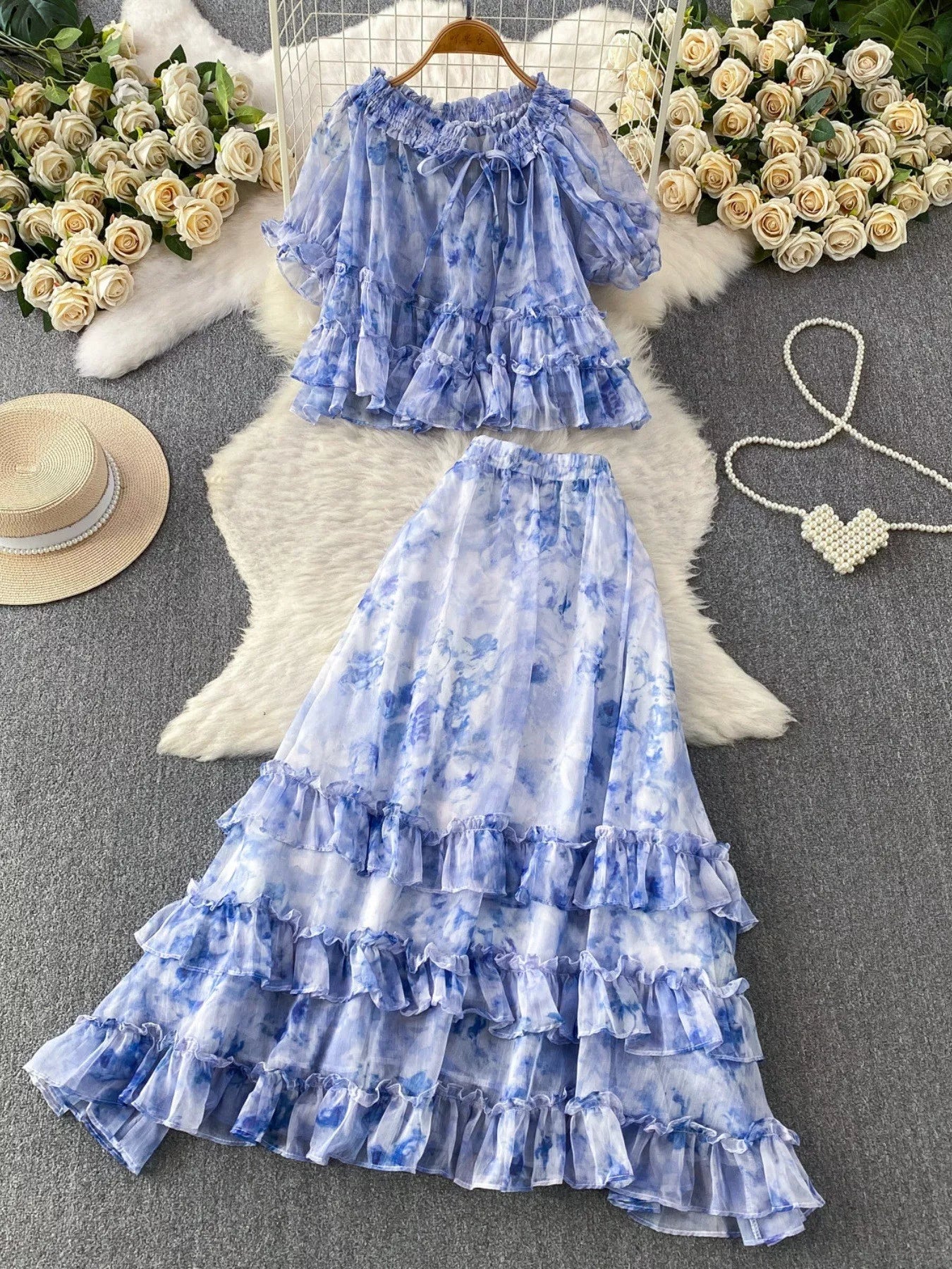 Floral Print Ruffle Hem Blouse and Skirt Set