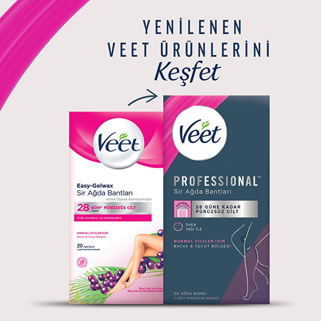 Veet Profesyonel Wax Strips for Hair Removal - Easy Gelwax Technology for Smooth Skin up to 28 Days - Normal Skin, 20 Strips