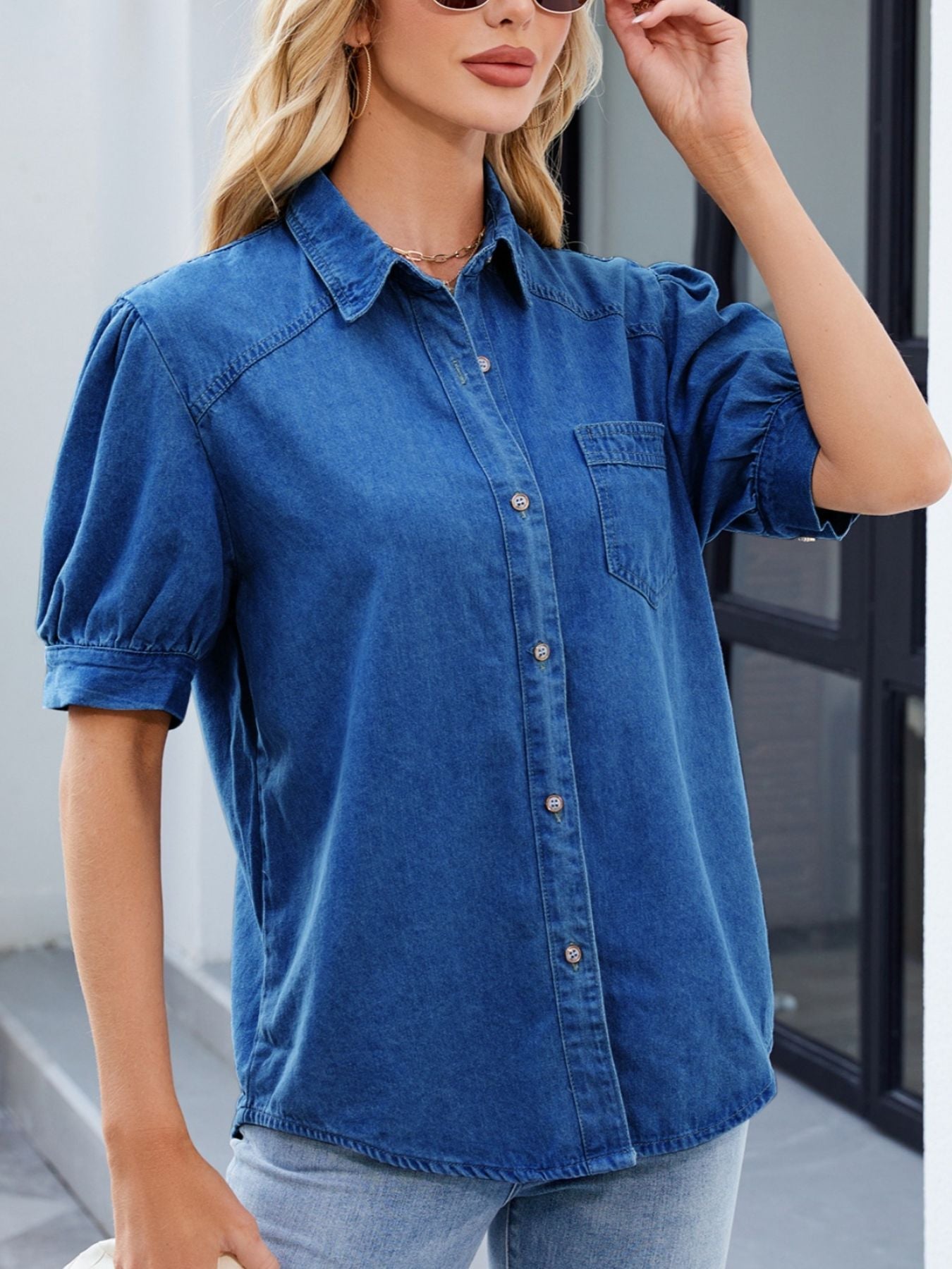 Puff Sleeve Button-Down Denim Shirt