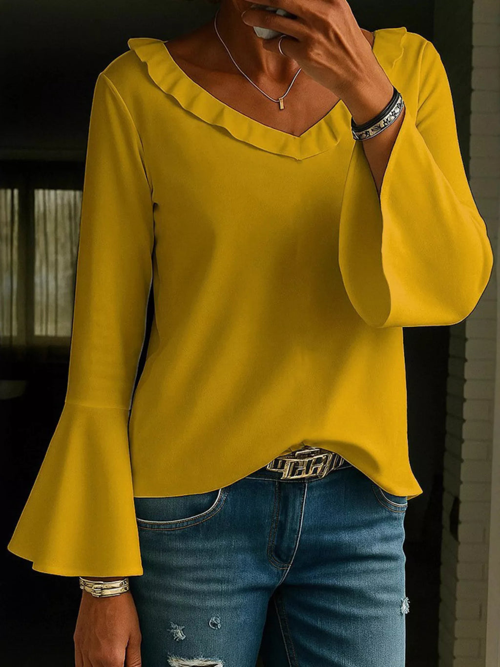 Ruffle V-Neck Bell Sleeve Blouse