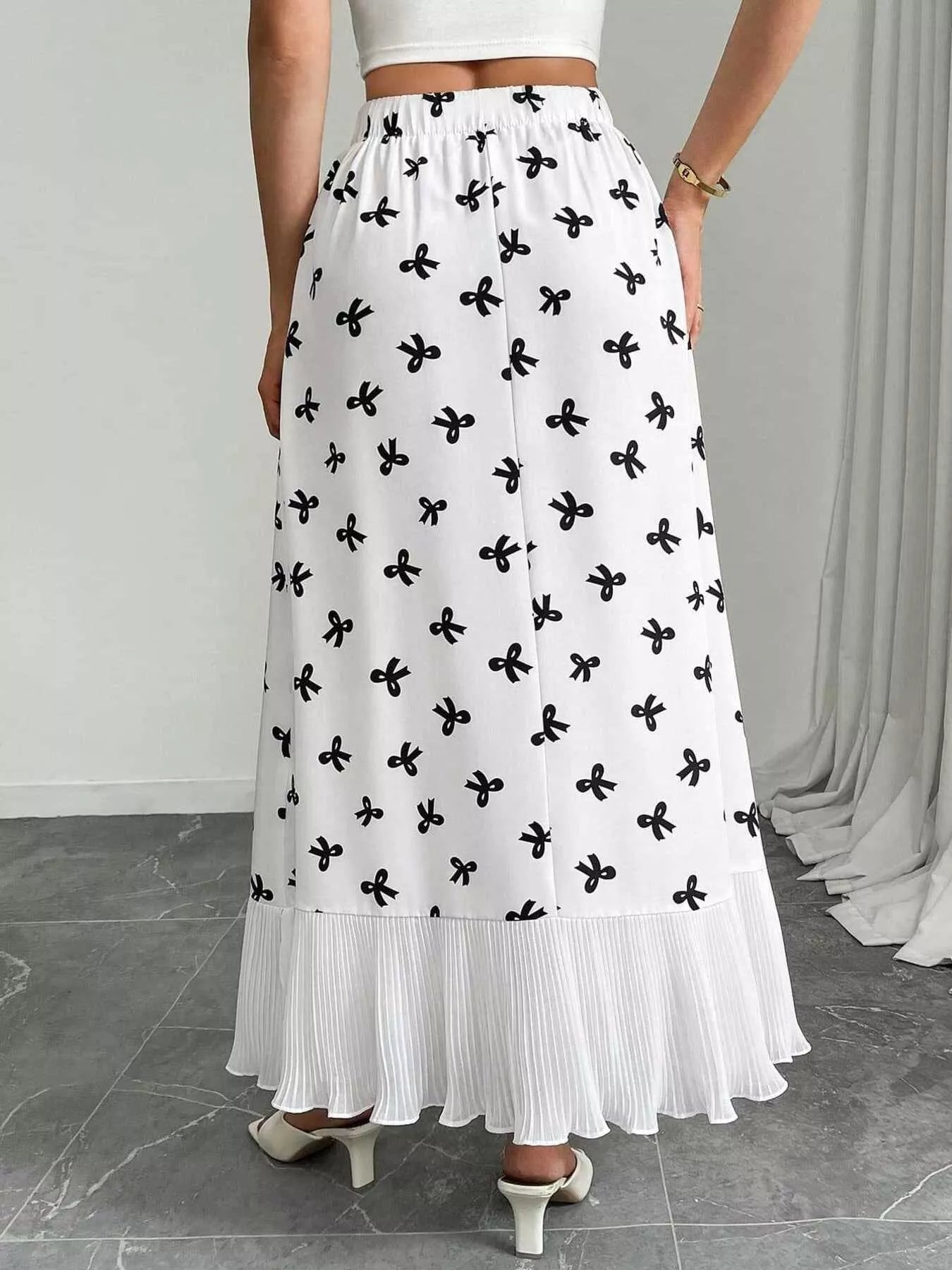 Bow Print Ruffle Hem Flowy Maxi Skirt