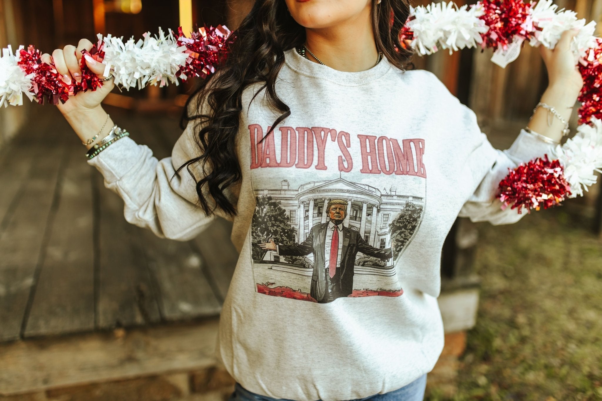 Wild Junkie Daddy's Home Trump Graphic Sweatshirt — Wild Junkie branding close-up