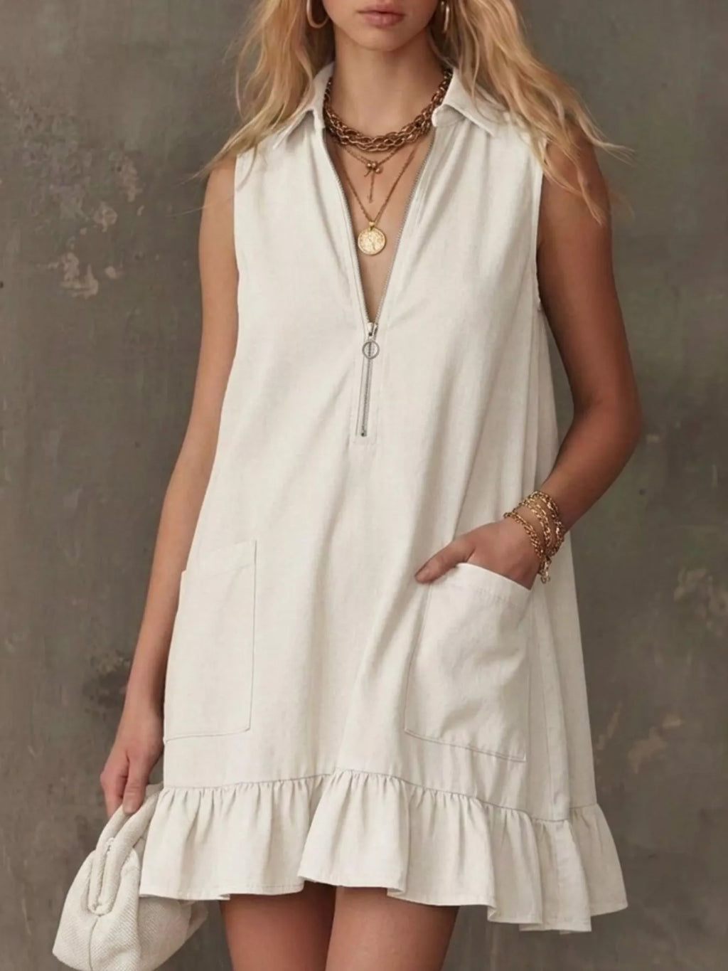Sleeveless Collared Zip-Front Ruffle Hem Dress