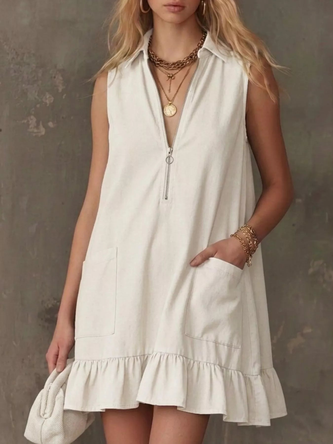 Sleeveless Collared Zip-Front Ruffle Hem Dress