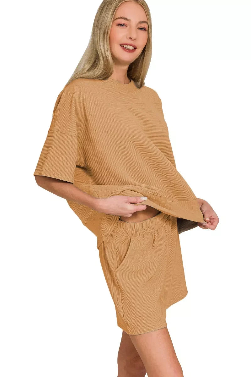 Zenana Ribbed Round Neck Waist Banded Tee & Shorts Set