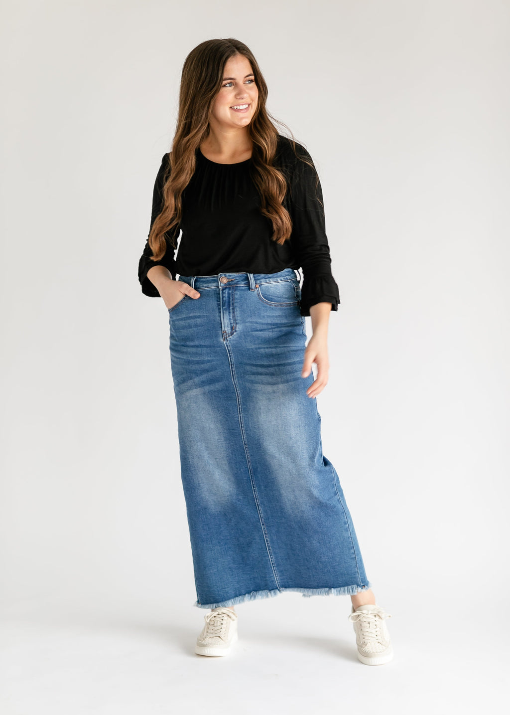 Inherit Co. Dakotah Raw Hem Long Denim Skirt - FINAL SALE — lifestyle context
