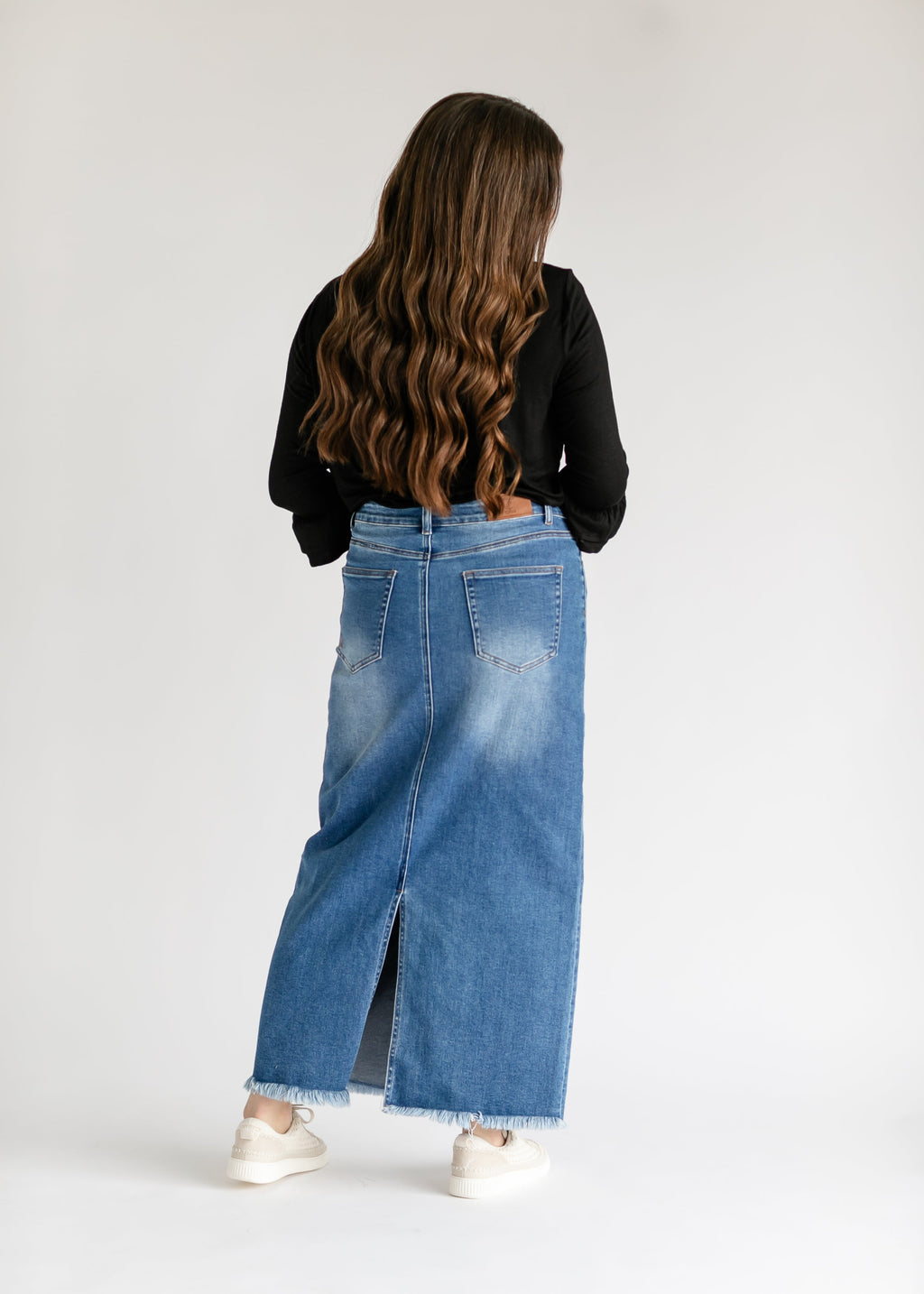 Inherit Co. Dakotah Raw Hem Long Denim Skirt - FINAL SALE — back view