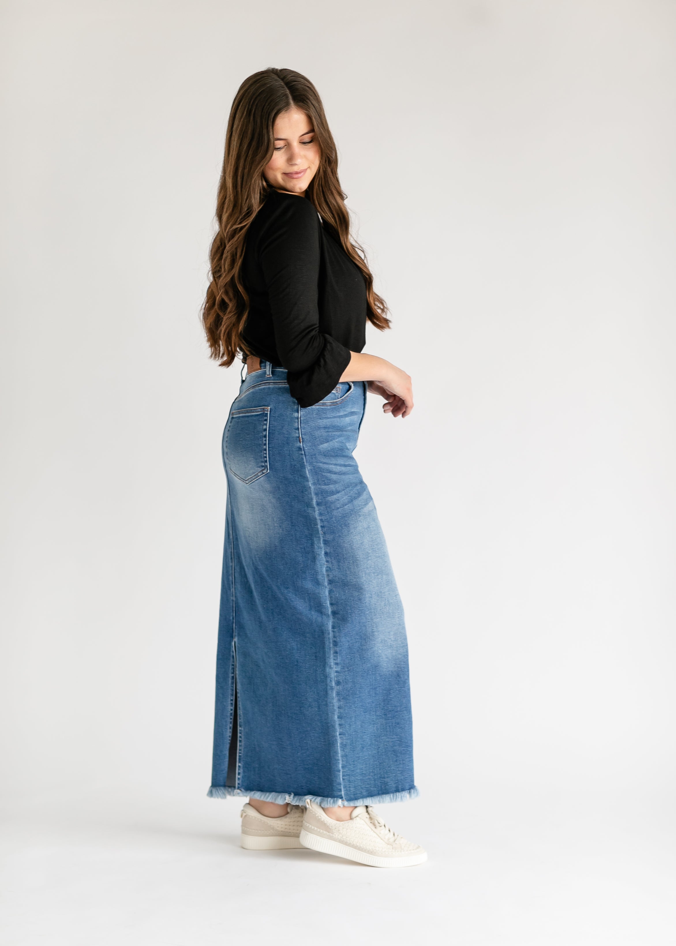 Inherit Co. Dakotah Raw Hem Long Denim Skirt - FINAL SALE — alternative angle