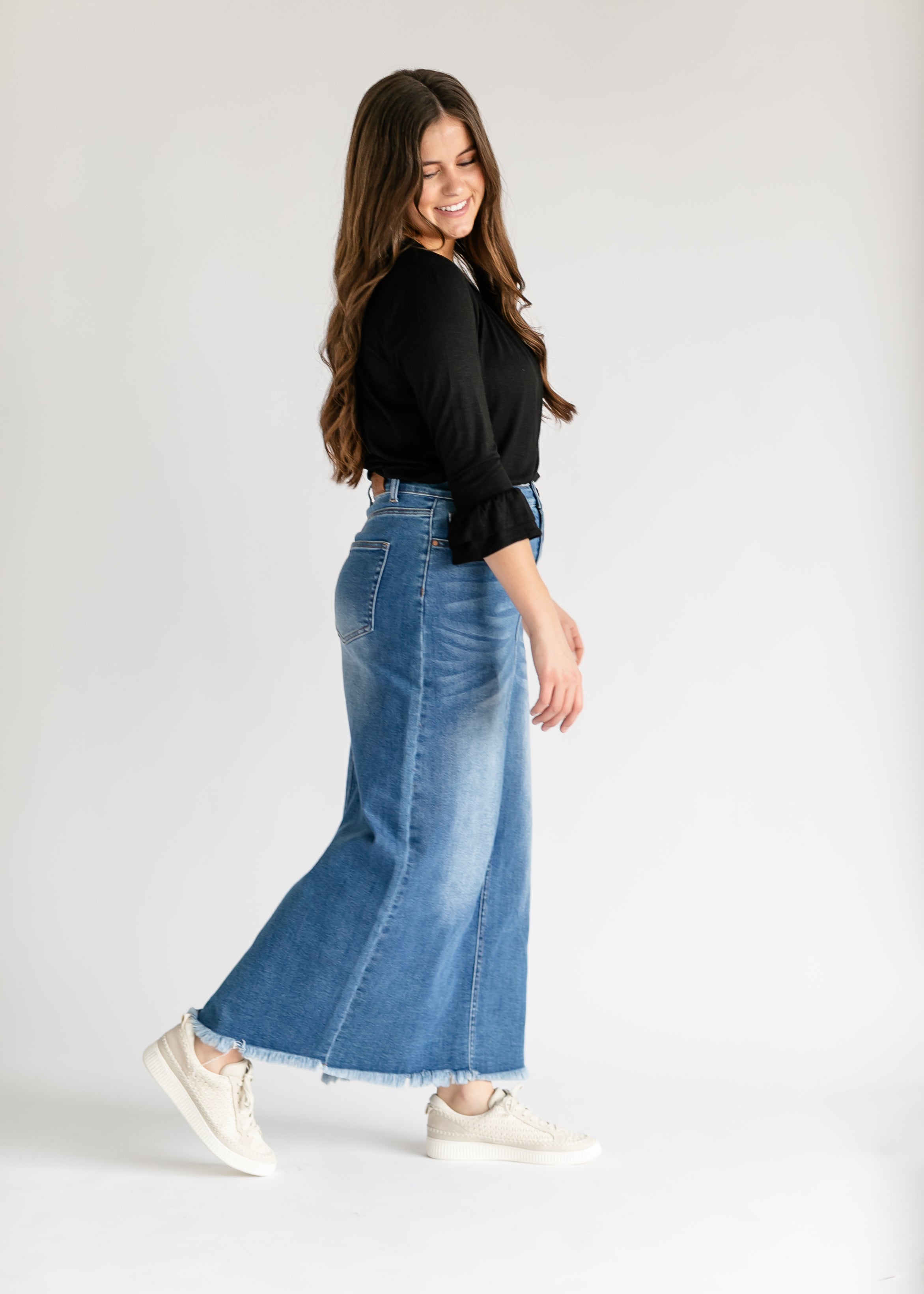 Inherit Co. Dakotah Raw Hem Long Denim Skirt - FINAL SALE — in-use photo