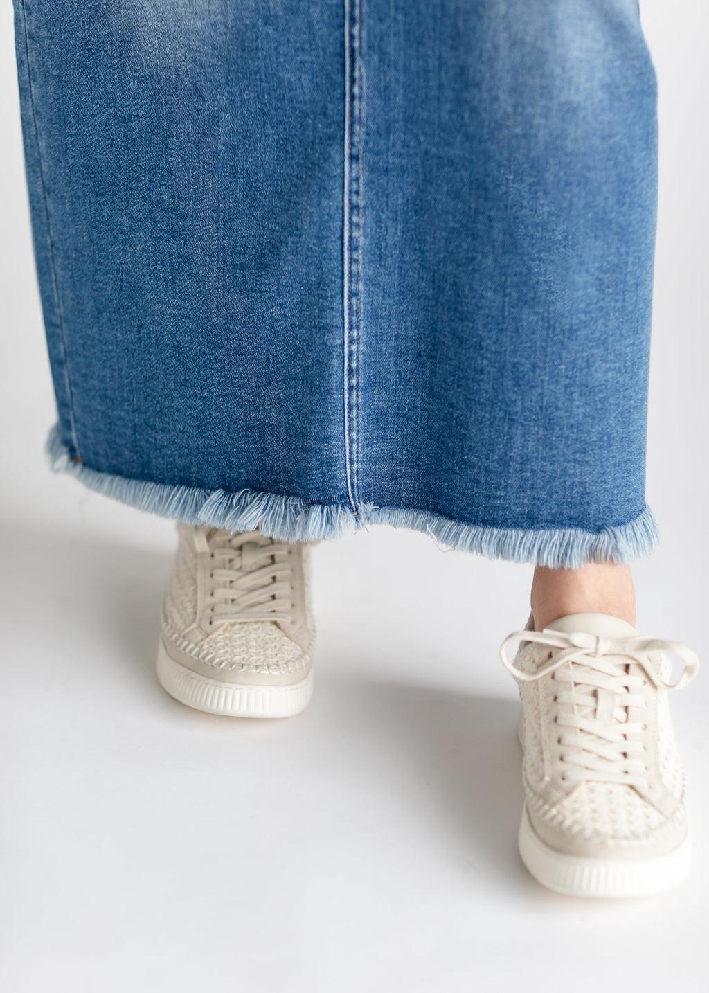 Inherit Co. Dakotah Raw Hem Long Denim Skirt - FINAL SALE — fabric or material detail