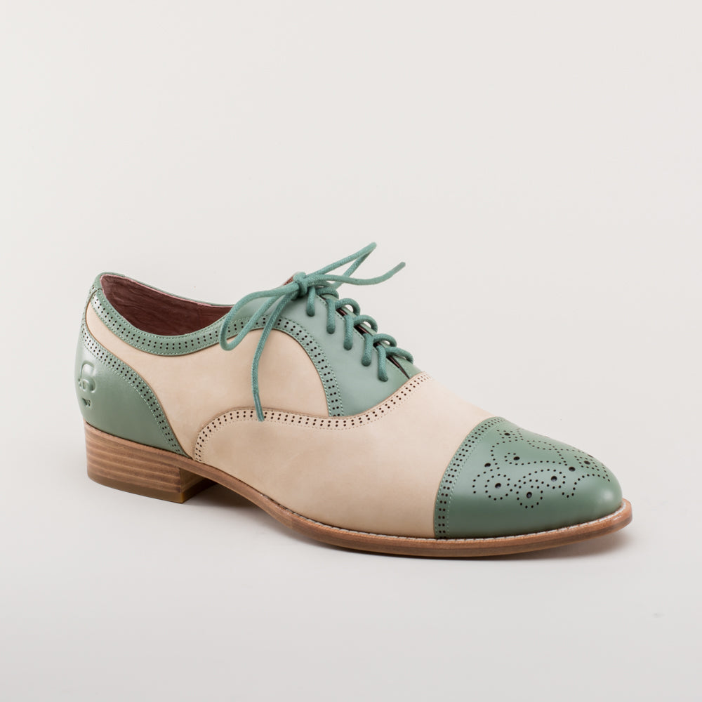 American Duchess Dandy Men's Vintage Cap Toe Oxfords (Sage/Buff) — detail and construction