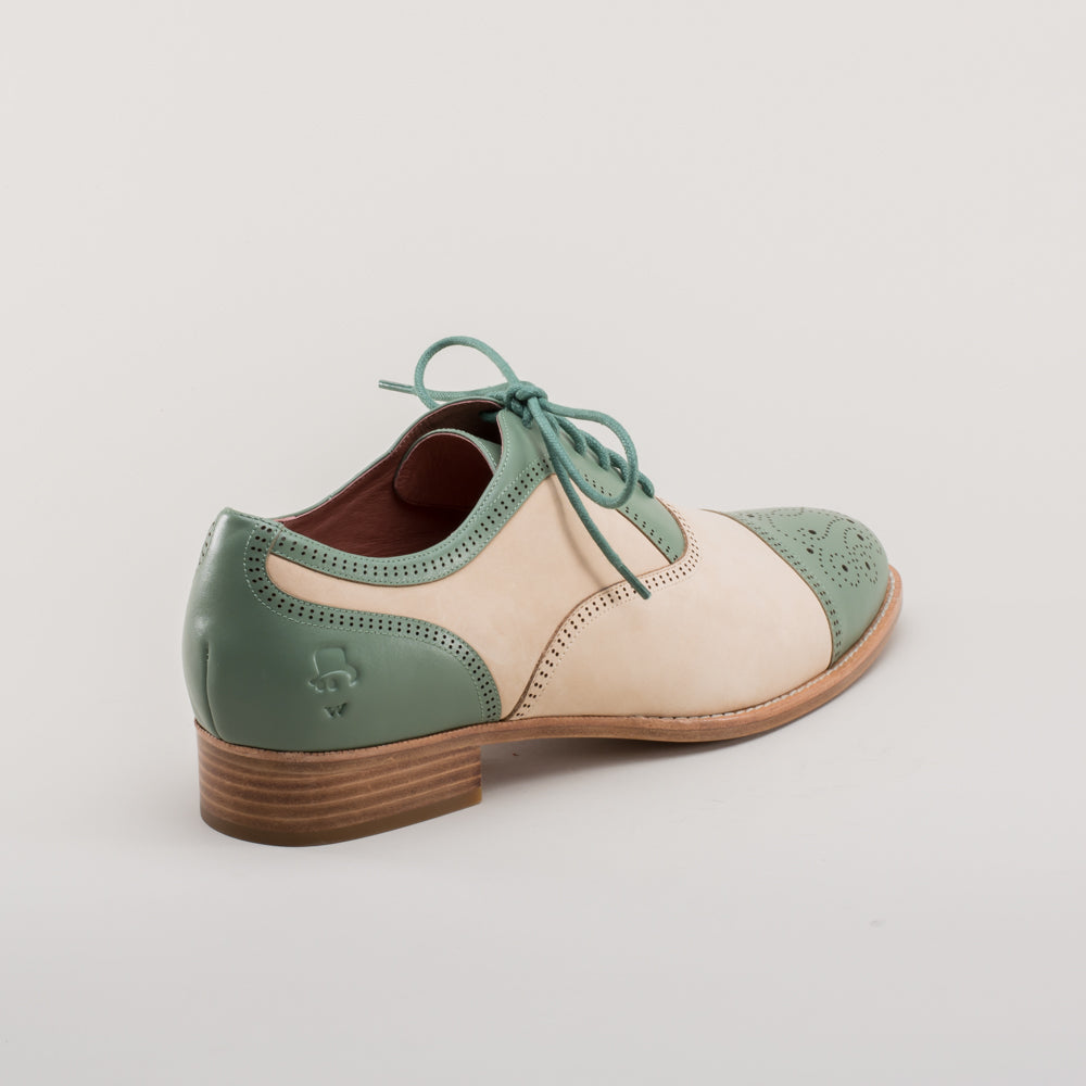 American Duchess Dandy Men's Vintage Cap Toe Oxfords (Sage/Buff) — branding close-up