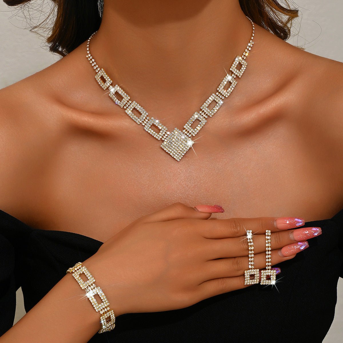 Mariam's Collection Dazzling 3-Piece Full Rhinestones Jewelry Set (MAC317) — detail close-up
