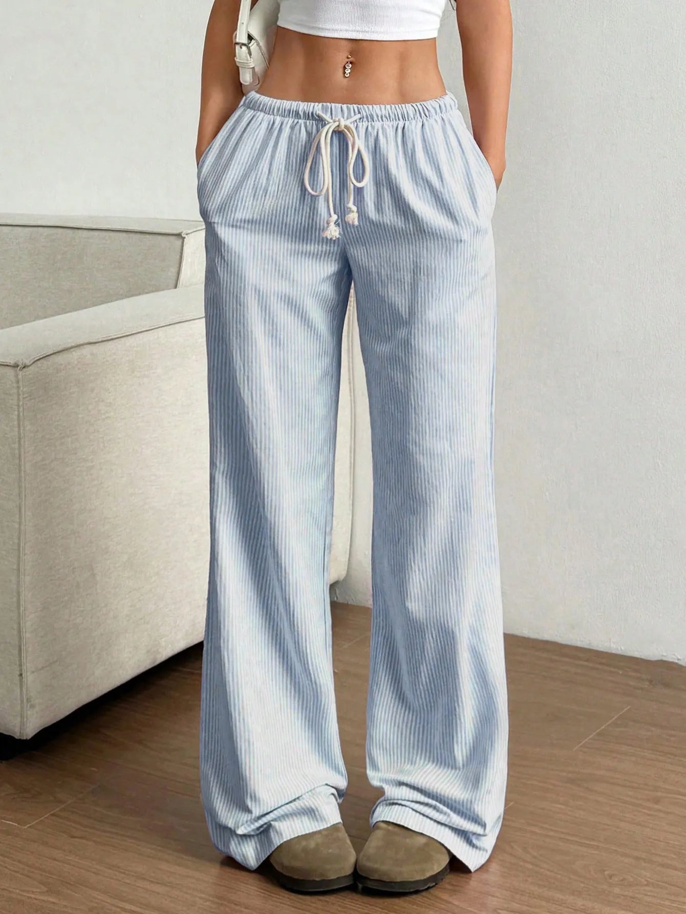 Drawstring Striped Wide Leg Pants