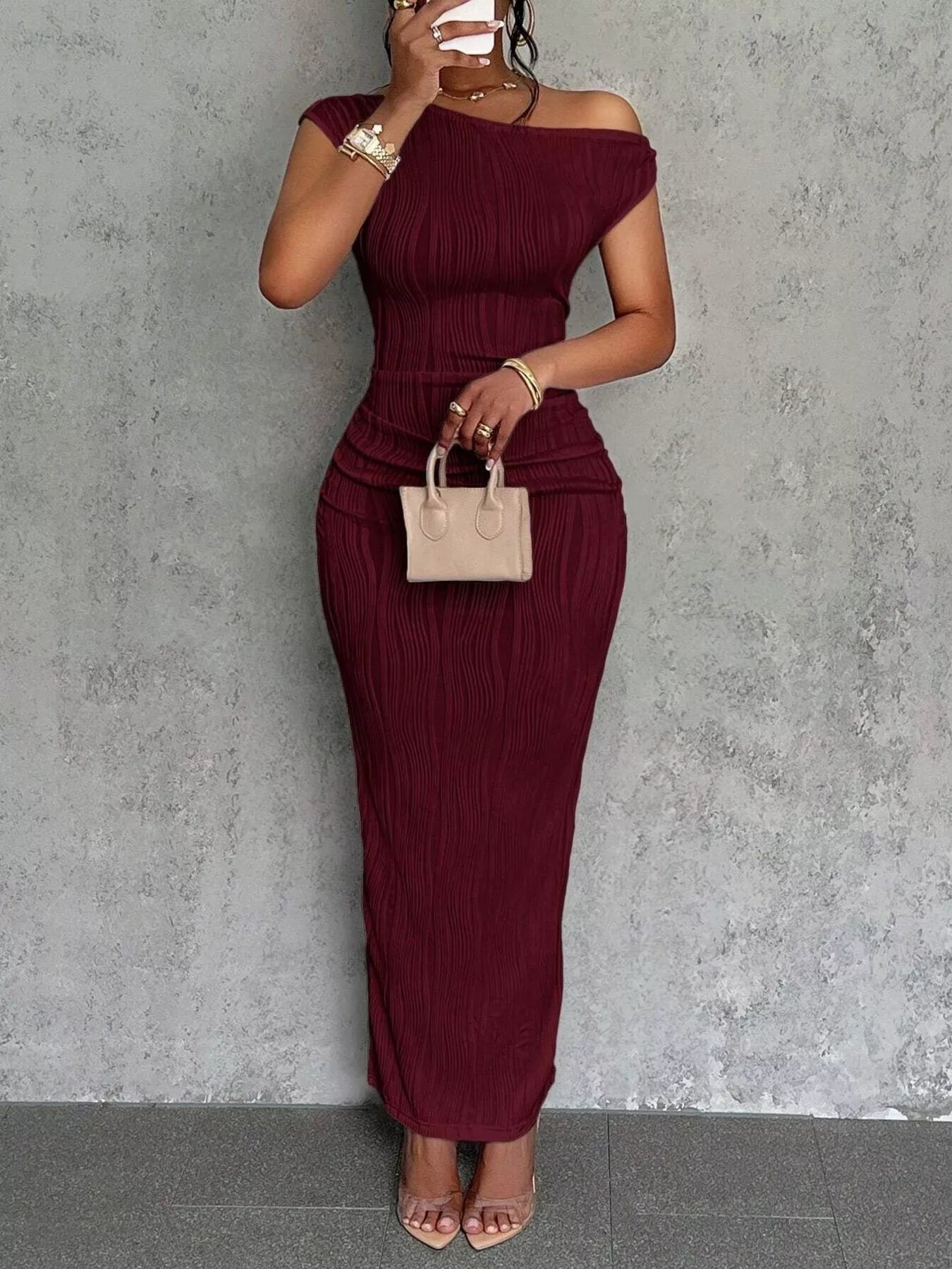 One-Shoulder Textured Maxi Dress