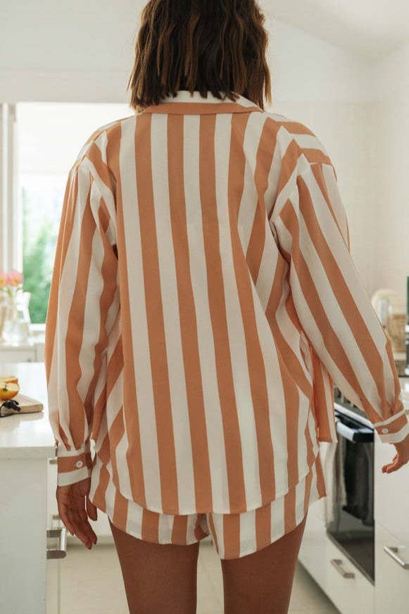 Pretty Little Patriot Tan Cape Cod Stripe Set — Pretty Little Patriot branding close-up