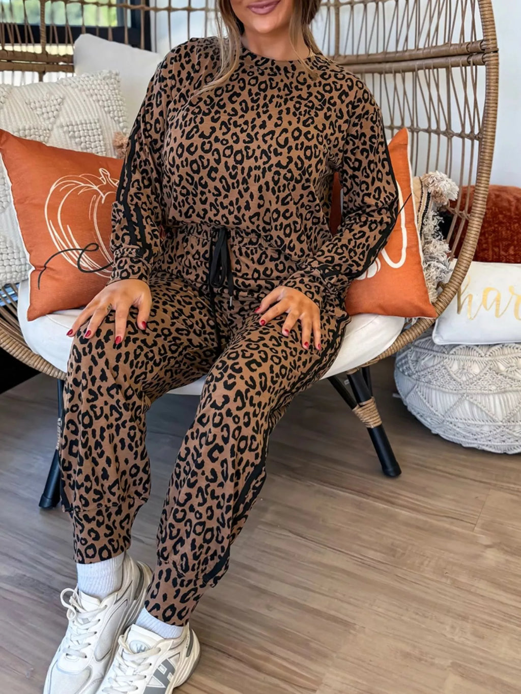 Striped Trim Leopard Long Sleeve Top Drawstring Pant Set