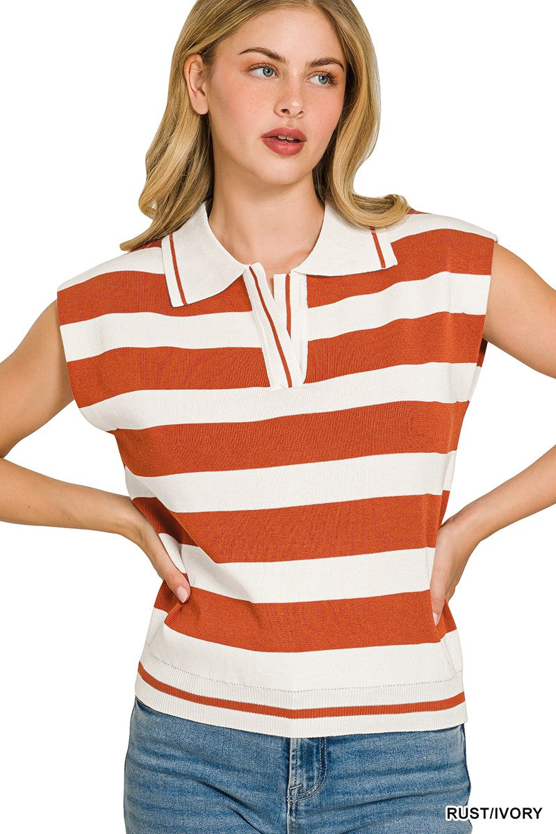 Zenana Viscose Striped Collared Sweater Vest