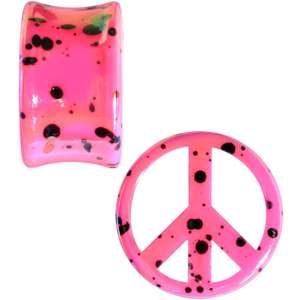 BodyCandy Black Speckled Pink Acrylic Peace Sign Saddle Plug Set 10mm to 20mm — detail close-up