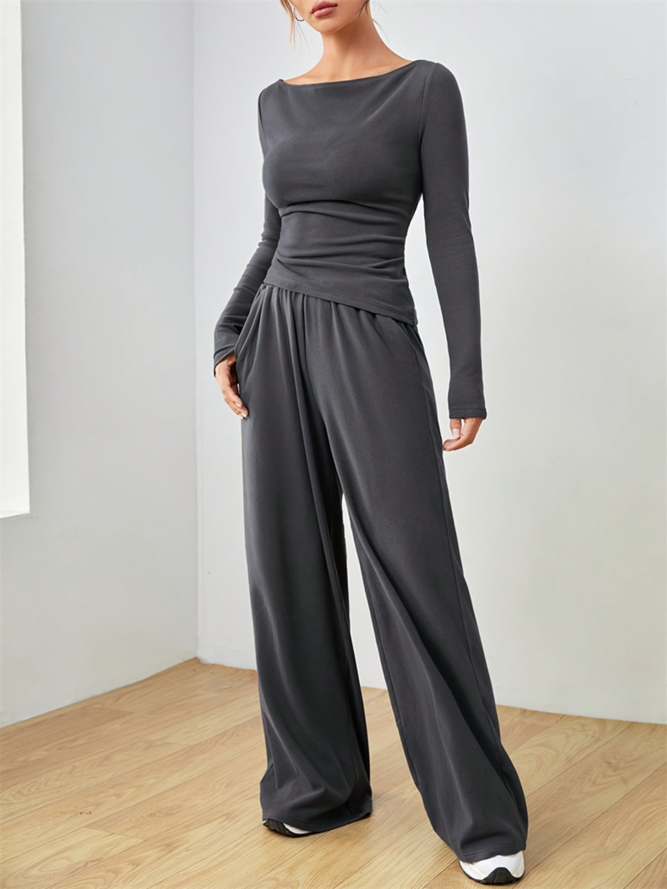 Casual Long Sleeve Top & Wide Leg Pants Set