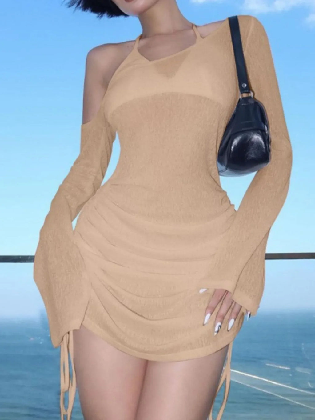 One-Shoulder Bell Sleeve Ruched Mini Cover-Up Dress