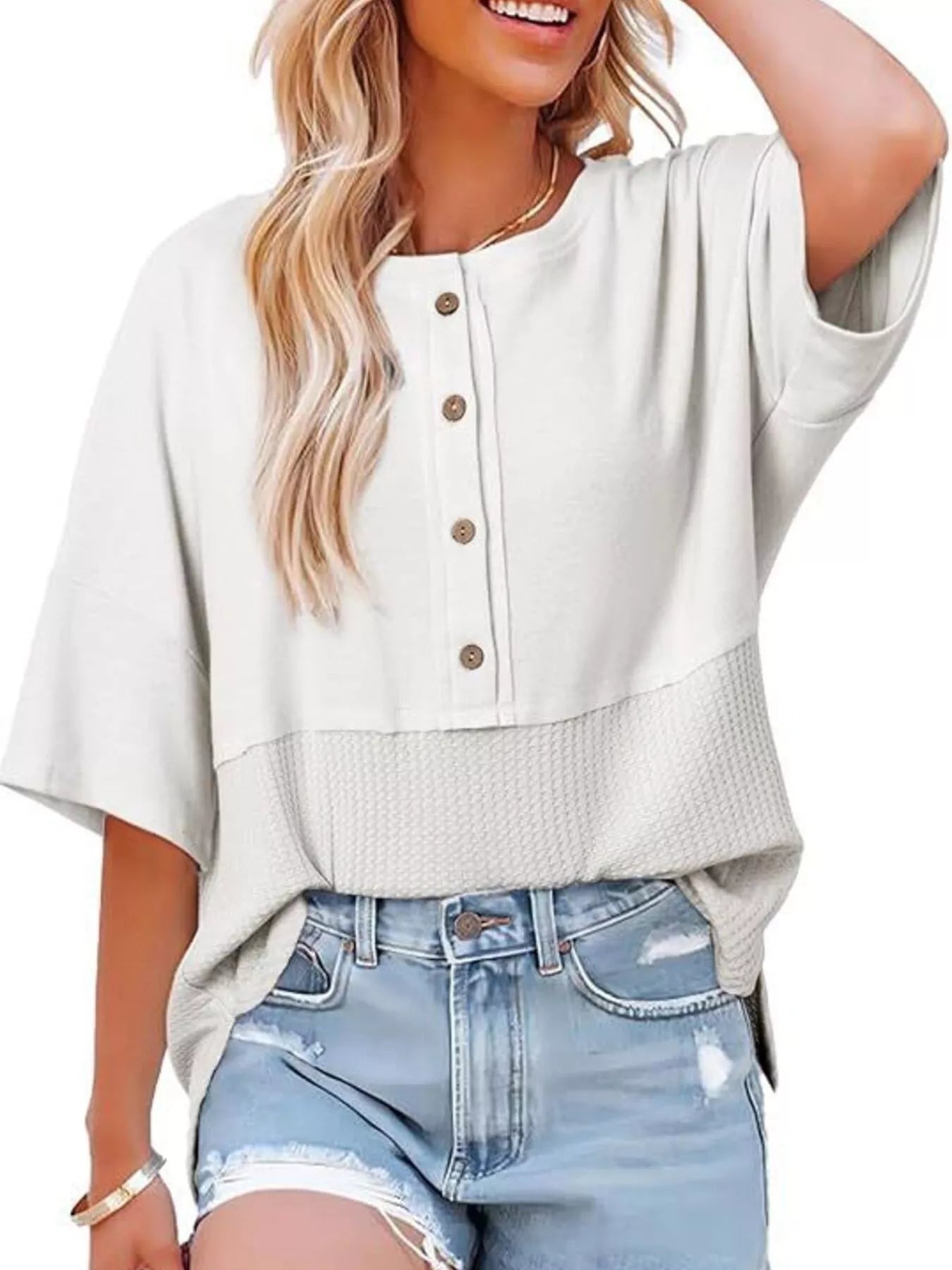 Button Detail Texture Knit T-Shirt