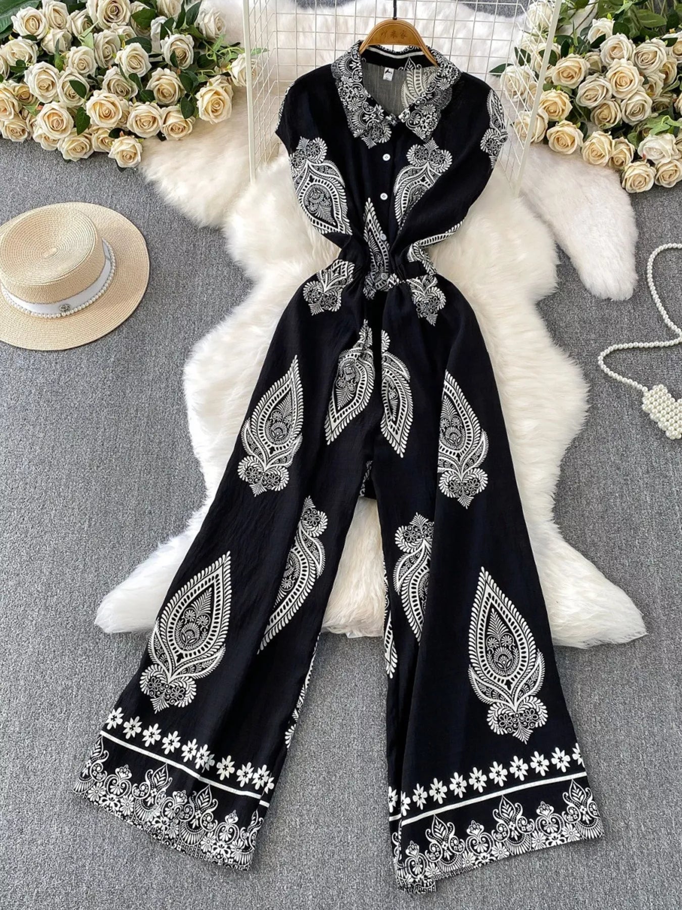Button Front Wide Leg Jumpsuit