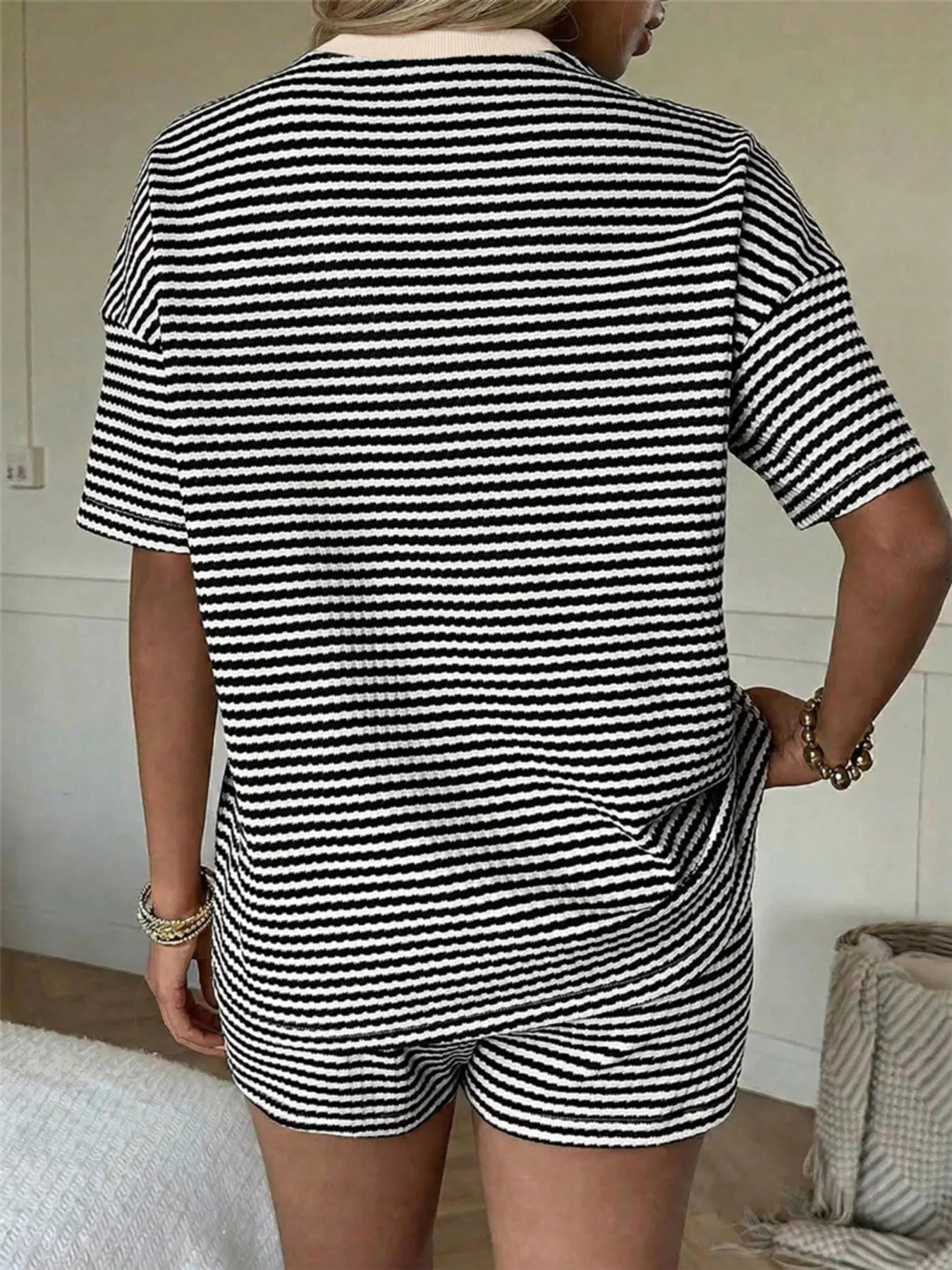 Striped Round Neck Tee and Shorts Set
