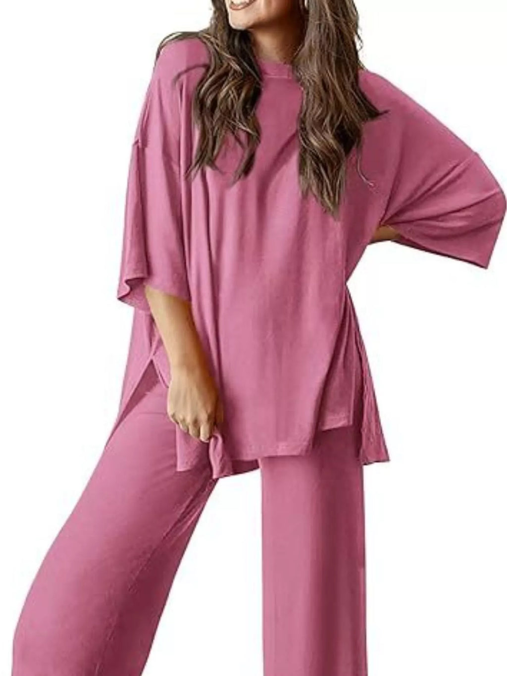 Slit Round Neck Top and Pants Set