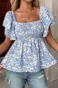 Floral Print Square Neck Ruffled Sleeve Shirred Babydoll Blouse