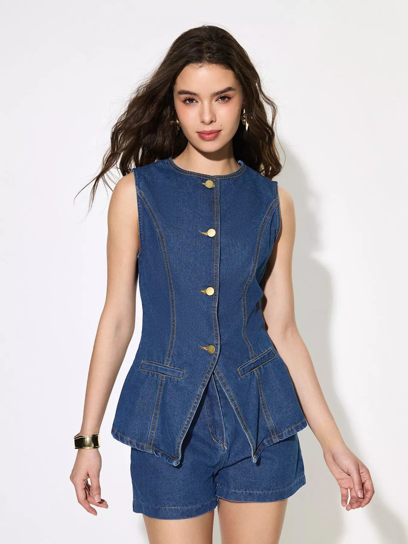 Button Up Sleeveless Denim Top