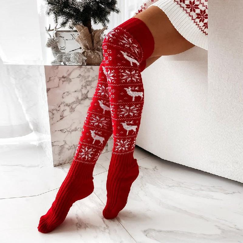MANDOTOS Christmas Knitted Stockings Elk Snowflake Over-The-Knee Socks Free Size For Women