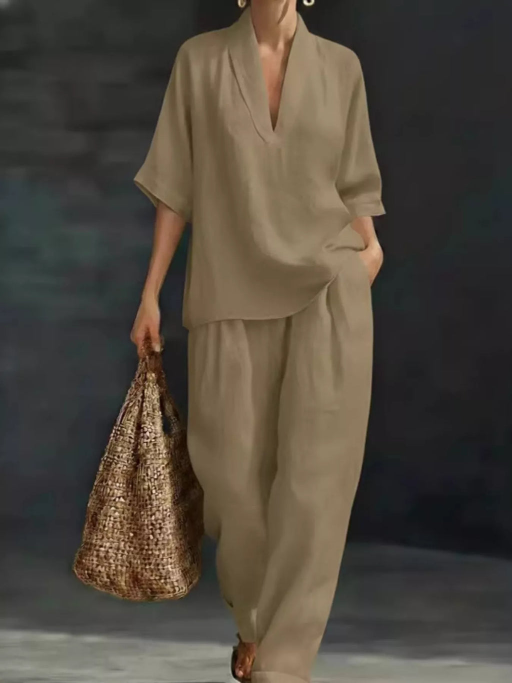 Full Size Half Sleeve Top and Wide Leg Pants Set Plus Size