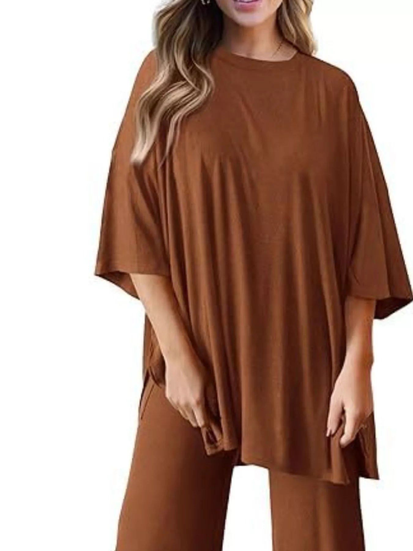Slit Round Neck Top and Pants Set