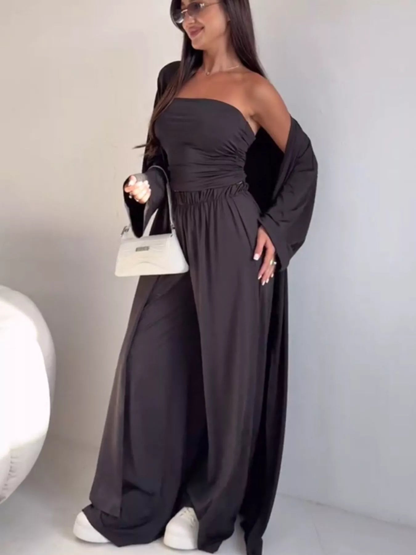 Tube Top & Cardigan & Wide Leg Pants 3-Piece Set