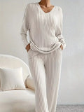 Ribbed Knit V-Neck Top and Pants Set