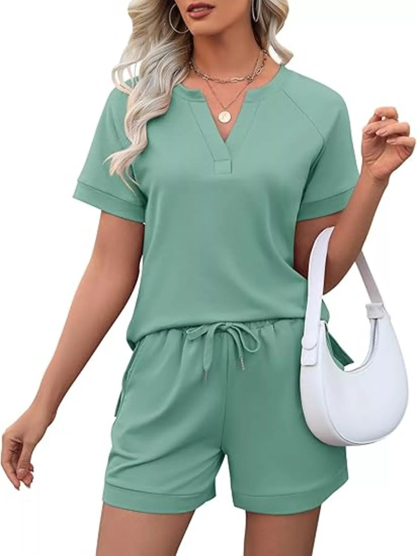 Solid Color Short Sleeve Top and Shorts Two-Piece Set