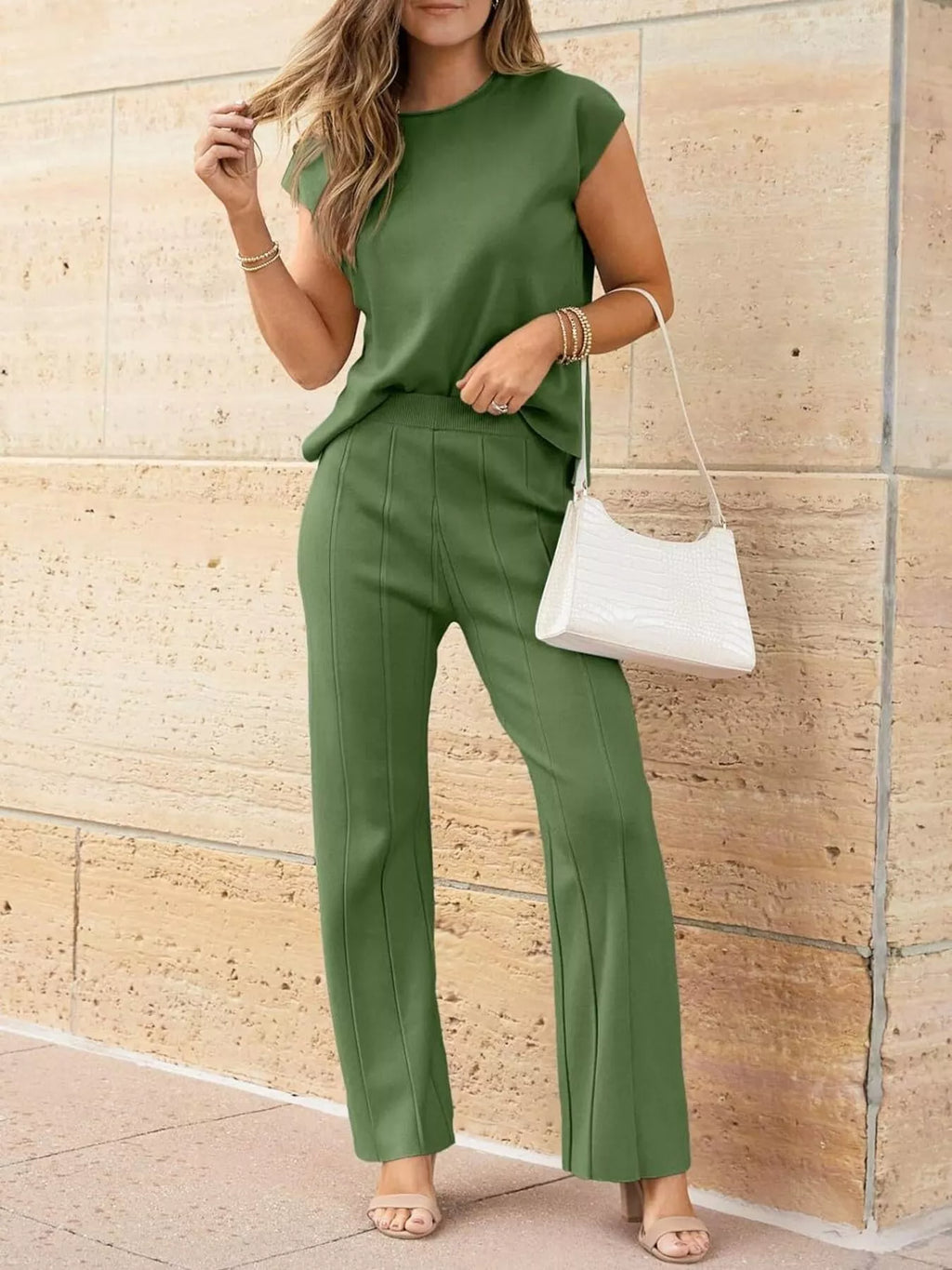Casual Solid Color Cap Sleeve Top and Pants Knit Set