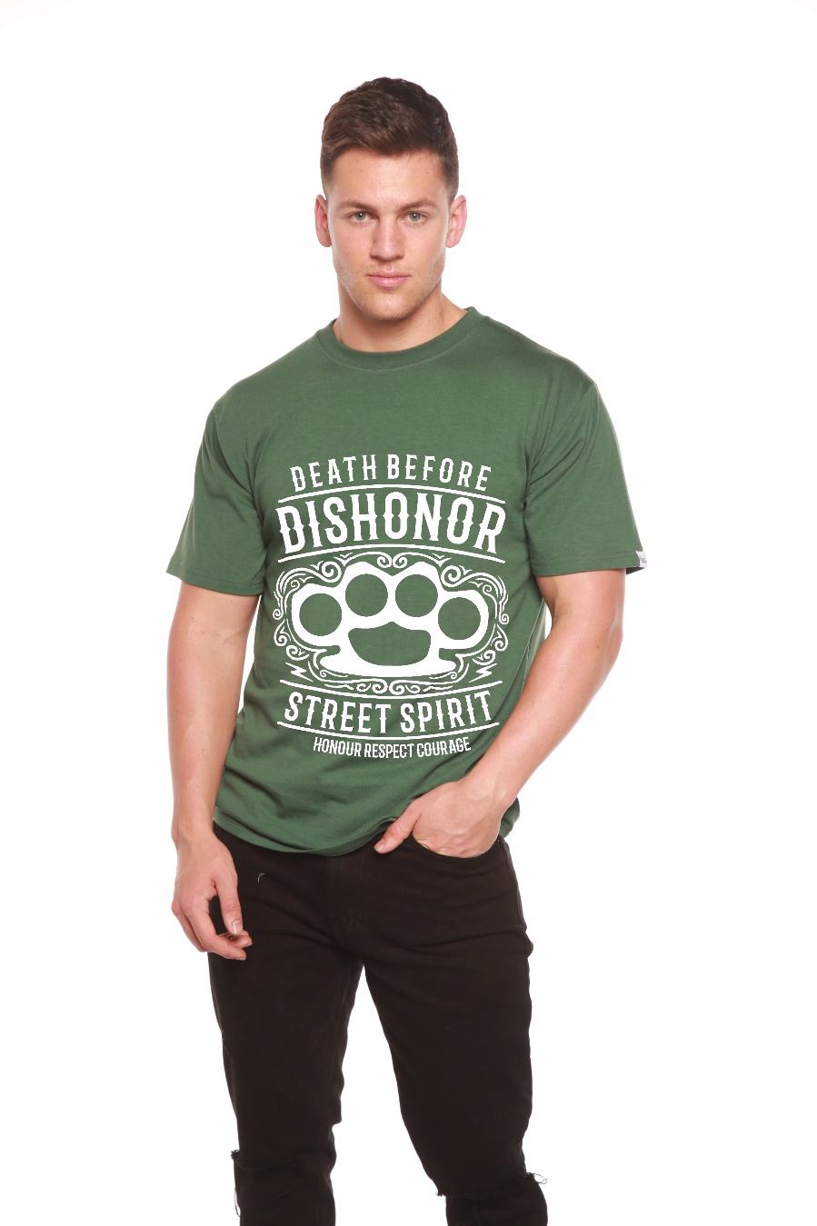 Spun Bamboo Death Before Men's Bamboo Viscose/Organic Cotton Short Sleeve Graphic T-Shirt — fabric or material detail