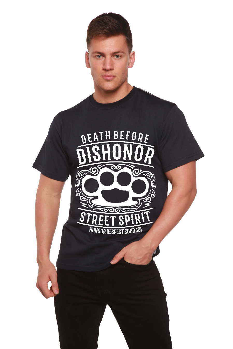 Spun Bamboo Death Before Men's Bamboo Viscose/Organic Cotton Short Sleeve Graphic T-Shirt — in-use photo