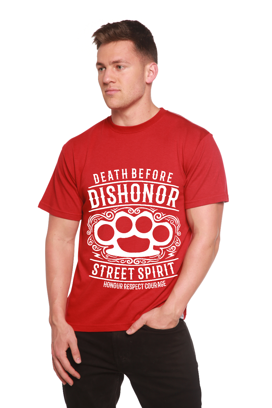Spun Bamboo Death Before Men's Bamboo Viscose/Organic Cotton Short Sleeve Graphic T-Shirt — size reference