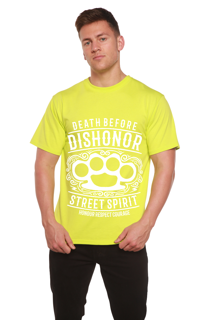 Spun Bamboo Death Before Men's Bamboo Viscose/Organic Cotton Short Sleeve Graphic T-Shirt — packaging