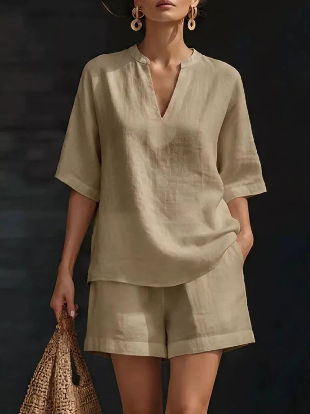 Full Size Notched Half Sleeve Top and Shorts Set Plus Size