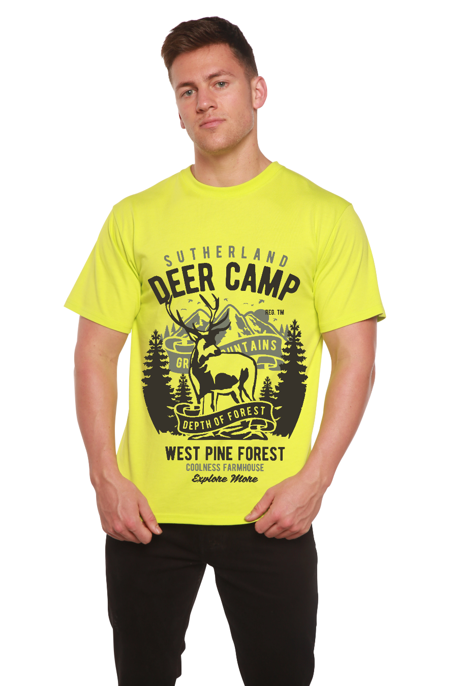 Spun Bamboo Deer Camp Men's Bamboo Viscose/Organic Cotton Short Sleeve Graphic T-Shirt — size reference