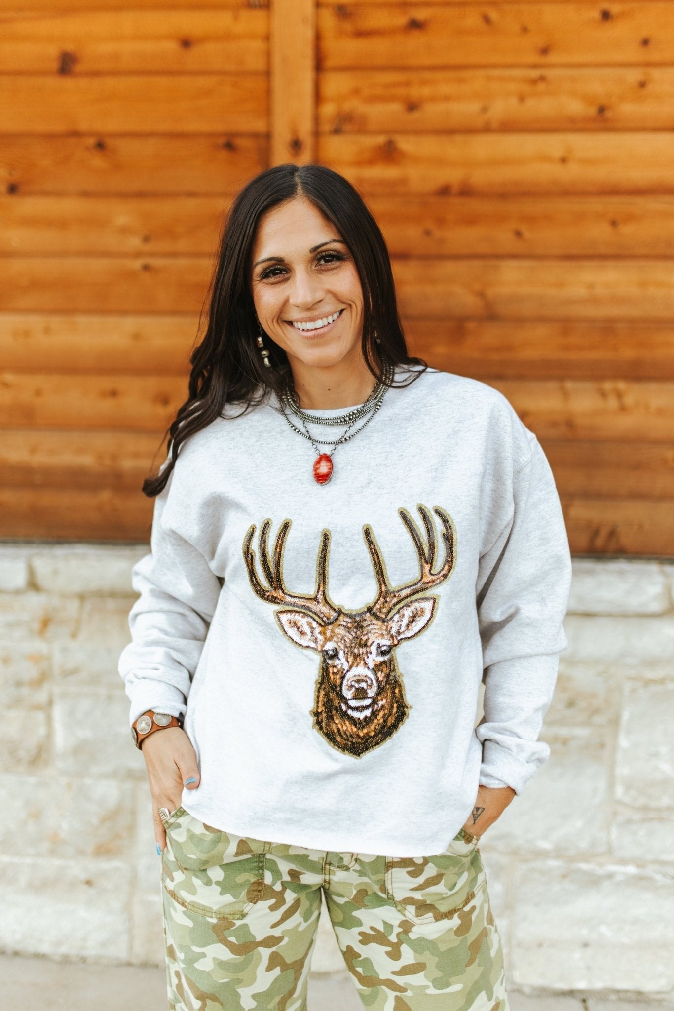 Wild Junkie Deer Hunting Sequin Patch Sweatshirt — construction detail