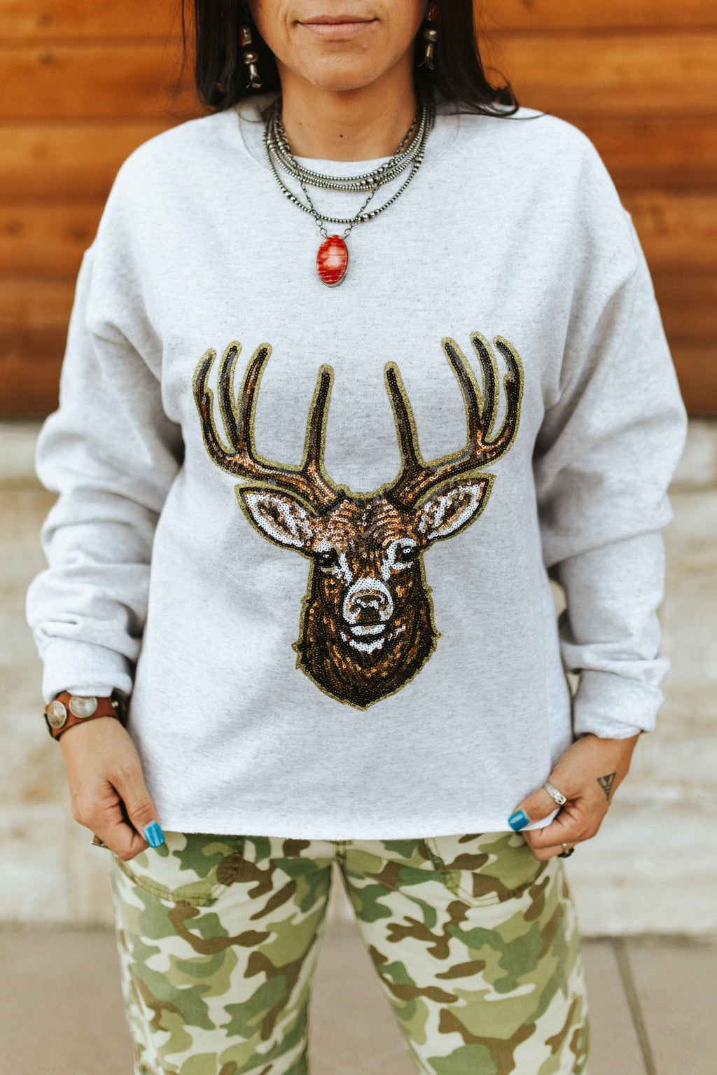 Wild Junkie Deer Hunting Sequin Patch Sweatshirt — sweatshirts category context