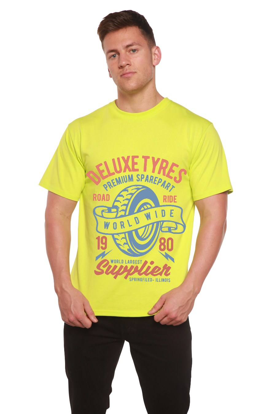 Spun Bamboo Deluxe Tyres Men's Bamboo Viscose/Organic Cotton Short Sleeve Graphic T-Shirt — size reference
